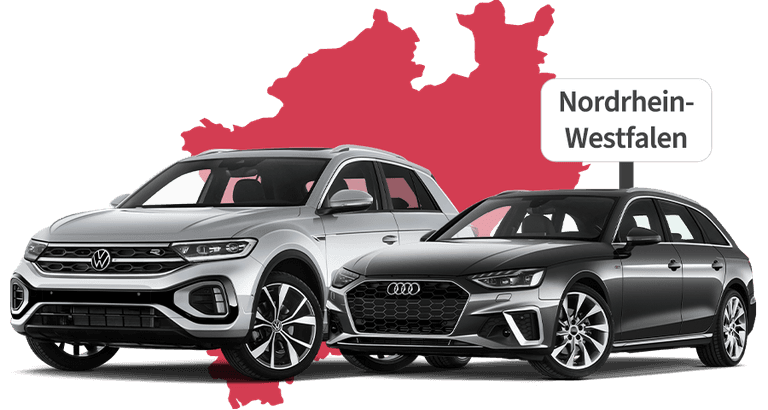 Ein VW und ein Audi mit Nordrhein-Westfalen Hintergrund Ein VW und ein Audi mit Nordrhein-Westfalen Hintergrund