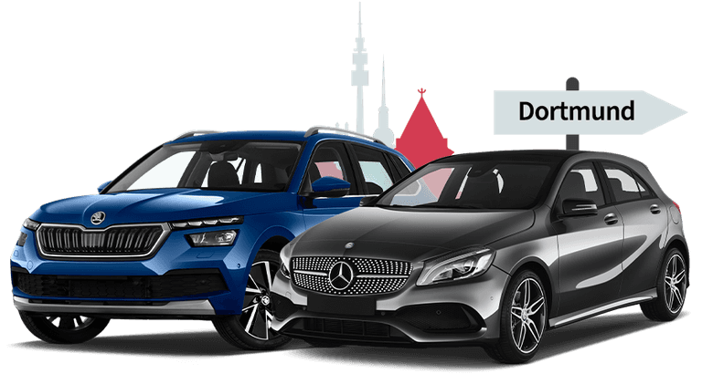 Ein Skoda und ein Mercedes mit einer Dortmund Skyline Silhouette Ein Skoda und ein Mercedes mit einer Dortmund Skyline Silhouette