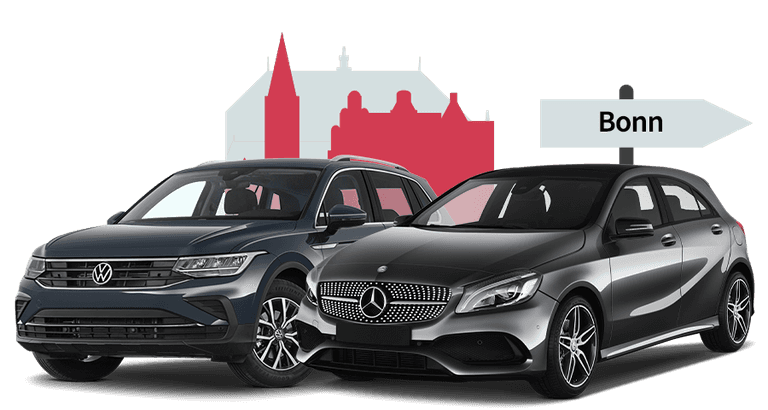 Ein VW und ein Mercedes mit einer Bonn Skyline Silhouette Ein VW und ein Mercedes mit einer Bonn Skyline Silhouette