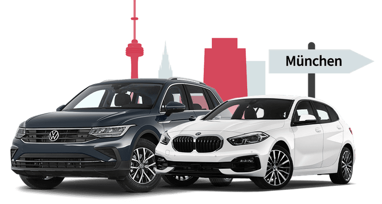 Leasing Auto von Volkswagen mit Stadt München Silhouette Leasing Auto von Volkswagen mit Stadt München Silhouette