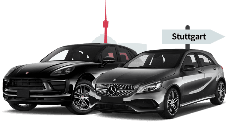 Ein Porsche und ein Mercedes mit einer Stuttgart Skyline Silhouette Ein Porsche und ein Mercedes mit einer Stuttgart Skyline Silhouette