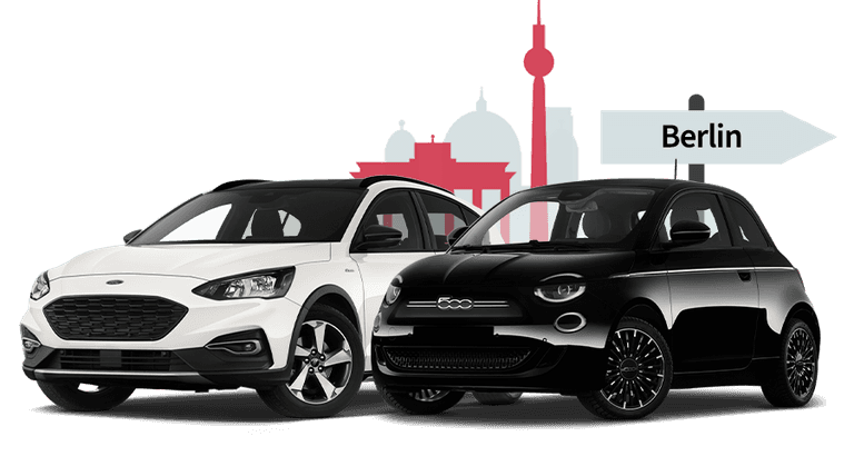 Ein Ford und ein Fiat mit einer Berlin Skyline Silhouette Ein Ford und ein Fiat mit einer Berlin Skyline Silhouette