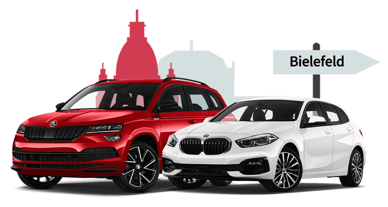 Ein Skoda und ein BMW mit einer Bielefeld Skyline Silhouette Ein Skoda und ein BMW mit einer Bielefeld Skyline Silhouette