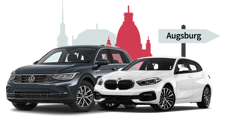 Ein VW und ein BMW mit einer Augsburg Skyline Silhouette Ein VW und ein BMW mit einer Augsburg Skyline Silhouette