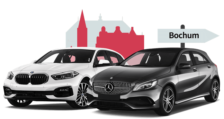 Ein BMW und ein Mercedes mit einer Bochum Skyline Silhouette Ein BMW und ein Mercedes mit einer Bochum Skyline Silhouette